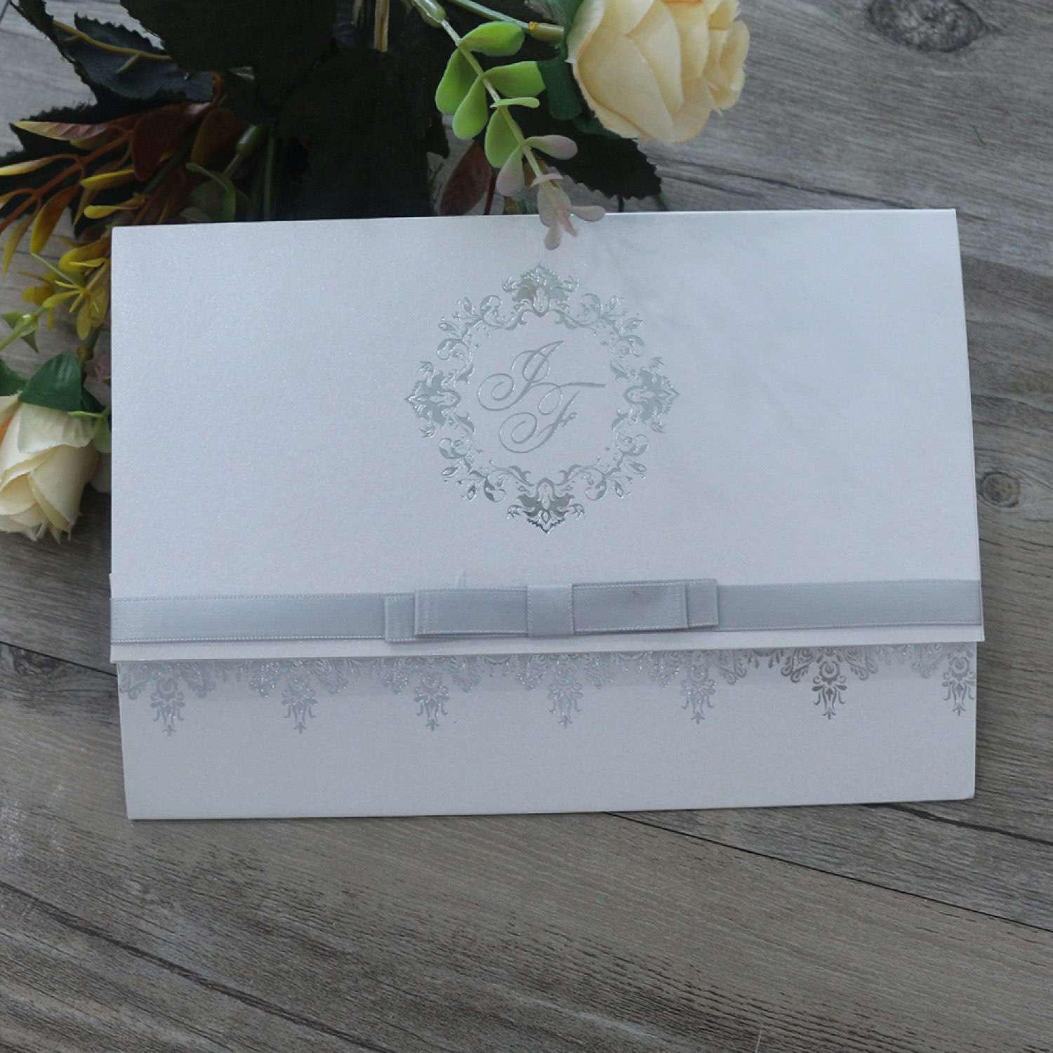 Slap-up Invitation Card with Ribbon Bow Silvery Invitation Customized Wedding Card 